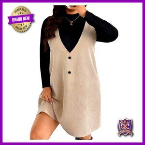 Plus Size Corduroy Overall Dress Set with Long Sleeve Mock Neck Tee